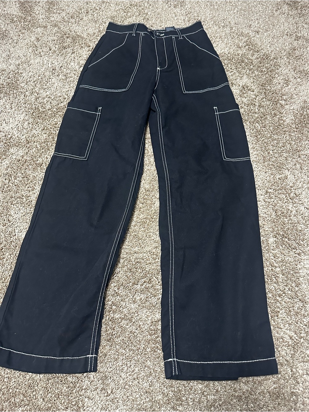 SHEIN Black Boot Cut Cargo Pants with White Contrast Stitch